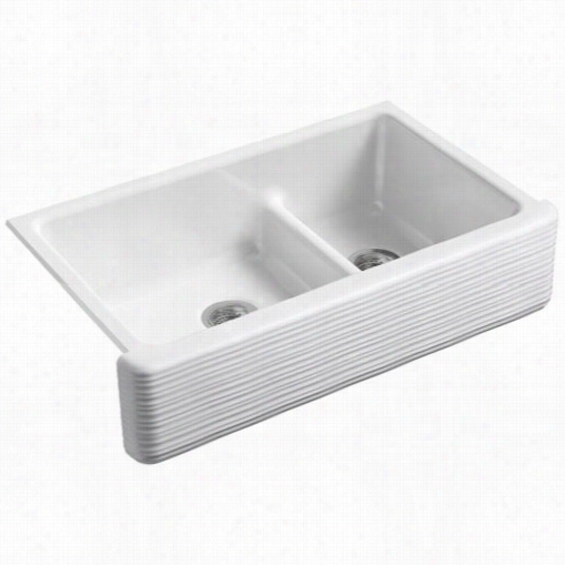 Kohler K-6349-0 Whitehaven Hayridge Undermount Double Boowl Kitchen Sink In White With Tall Apron