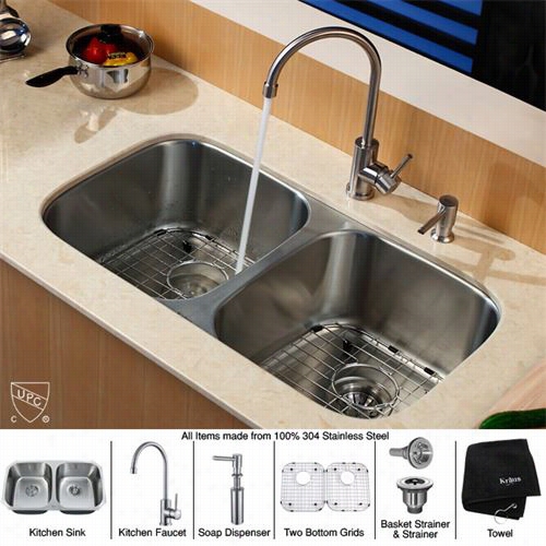 Kraus Kbu22-kpf2160-sd20 32&quof;" Undermount Double Bowl Stainless Steel Kitchen Sink With Kitchen Faucet And Soap Diispenser