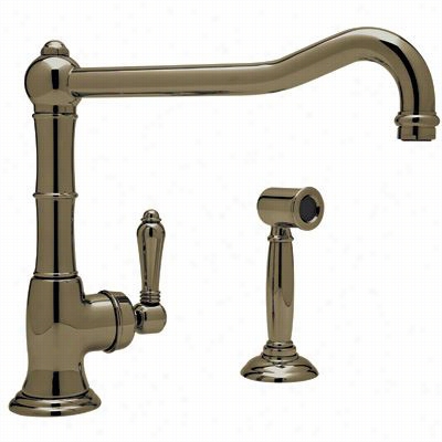 Rohl A3650-11lpwstcb-2 Country Kitchen Single Side Porcelain Lever Kitchen Faucet With Sidespray And Exteded Spout In Tucan Brass