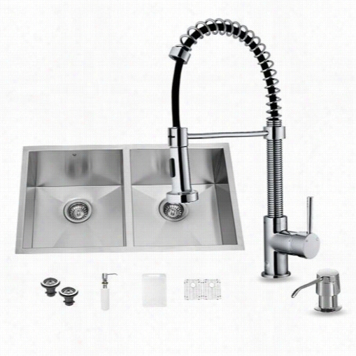 Vigo Vg15153 Undermount 9-1/2"" Spout Staimless Steel Double Bowl Kitchen Sink And Chrome Faucet Set