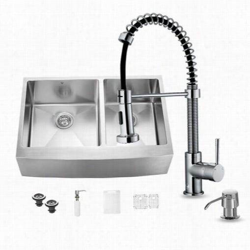 Vigo Vg15208all In One 33"" Stainless Steel Double Bowl Kitchen Sink And Vg02001 Chrome Faucet Set