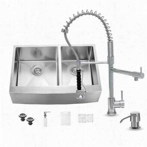 Vigo Vg15212 All In One 33"" Unsullied Steel Double Bowl Kitchen Sink Anx Vg02007 Chrome Faucet Set