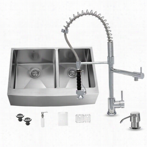 Vigo Vg15269 All In One 36"" Yainless Steel Double Bowl Kichen Sink And Vg02007 Chrome Faucet Set