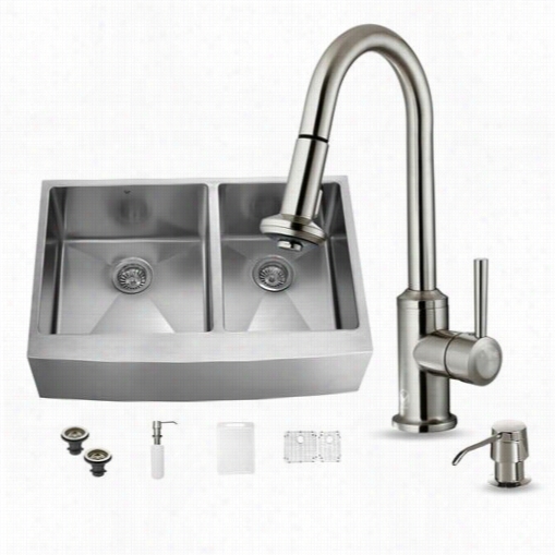 Vigo Vg15270 36"" Farmhouse Double Bowl Kitchen Sink And Faucet Seet In Stainless Steel