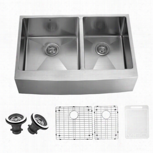 Vigo Vgr3620blk1 36"" Farmhoues S Tainless Steel Kitchen Sink, Two Grids And Two Strainers