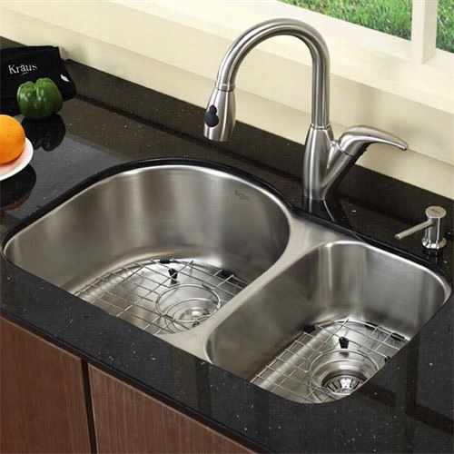 Krau Kbu21-kpf2121-sd20 30&qu Ot;" Udermount Doubl Bowl Stainless Steel Sink With Faucet