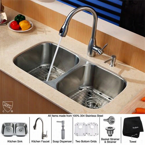 Kraus Kbu22-kpf2130-sd20 32"" Undermount Double Bowl Stainless Case-harden Kitchen Sink With Kitchen Faucet And Soap Dispenser