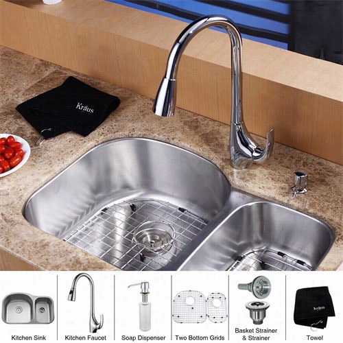 Kraus Kbu23-kpf1621-ksd30 32""  Undemrount Double Bowl Tainless Steel Kitchen Sink With Kitchen Faucet Ahd Soap Dispenser