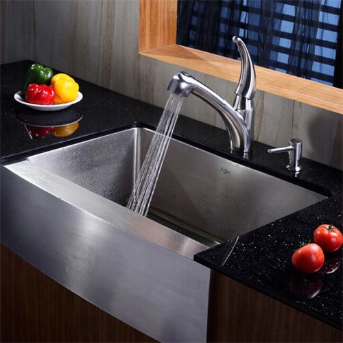 Kraus Khf200-30-kpf2110-sd20 30"" Farmhouse Single Bowl Sttainless Steel Kitchen Sink With Kitchen Faucet And Soa P Dispensdr