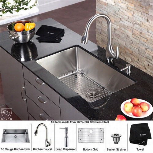 Kraus Khu100-32-kpf2170-sd20 32"" Unedrmount Single Bowl Stainless Steel Sink With Kpf21170 Faucet