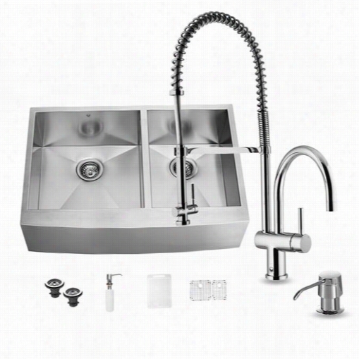 Vigo Vg15196 All In One 36""f Armhouse Stainless Steel Double Bowl Kitchen Sink And Chrome Faucet Set