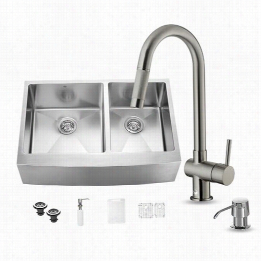 Vigo Vgg15213 All In One 33"" Stainless Steel Double Bowl Kitchwn Sink And Vg02008 Stainleess Steel Faucet Set