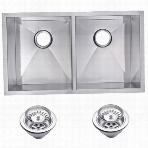 Water Creation Sss-ud-3118a 331"" X 18"" Zeo Radius 50/50 Double Bowl Spotless Steel Ahnd Made Undermount Kitchen Sink With Drains And Strainers