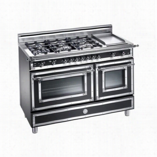 Bertazzoni Her46ggasne Heditage 48"" Gas Range In Matte Black With 6 Brass Burners And Griddle