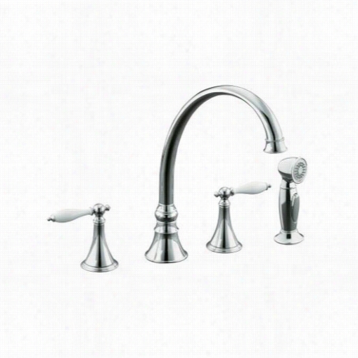 Kohler K-377-4p Finial Traditionp Kitchen Sink Faucet Lever Handles With White Insets And Sidespray