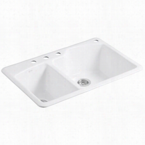 Kohler K-5870-4 Wheatland Cast Iron 33"" Self  Rimming Rectangular Double Large/mediym Basin Kitchen Sink With 4 Hole 4"" Centerset Faucet Dilling