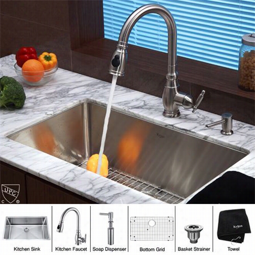 Kraus Khu100-30-kpf2150-sd20 30"&qu Ot; Undermount Single Bowl Stainless Steel Sinnk With Kpf2150 Faucet