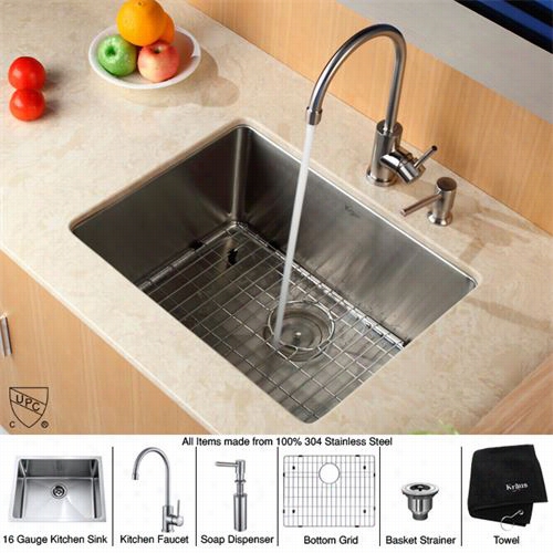 Krauz Khu101-23-kpf2160-sd20 23"" Undermount Single Bowlstainless Armor Kitchen Sink Wih Kicthen Faucet And  Soap Distributer