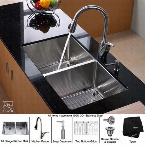 Kraus Khu102-33-kpf2120-sd2 033"" Undermount Double Bowl Stainnless Steel Kithen Sink With Kitchen Faucet And So Ap Dispenser