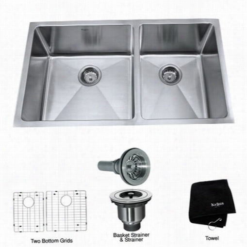 Kraus  Khu103-33 33"" Undermount 60/40 Double Bowl 16 Gauge Stainless Steel Kitchen Sink