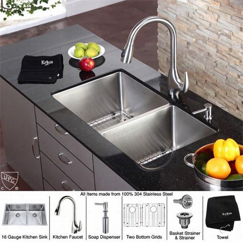 Kraus Khu103-33-kpf2170-sd20 33""  Undermoun Double Bowl Tsainless Steel Sink Attending Kpf2170 Faucet