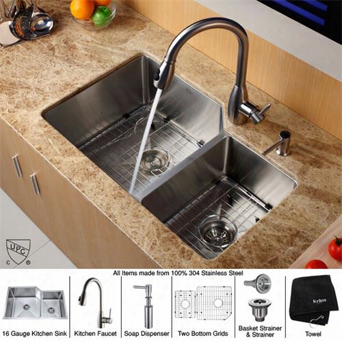 Kraus Khu123-32-kpf2130-sd20 32&quo;" Undermount Double Bowl Stainless Steel Kitchen Sink With Kitchen Faucet And Soap Dispenser