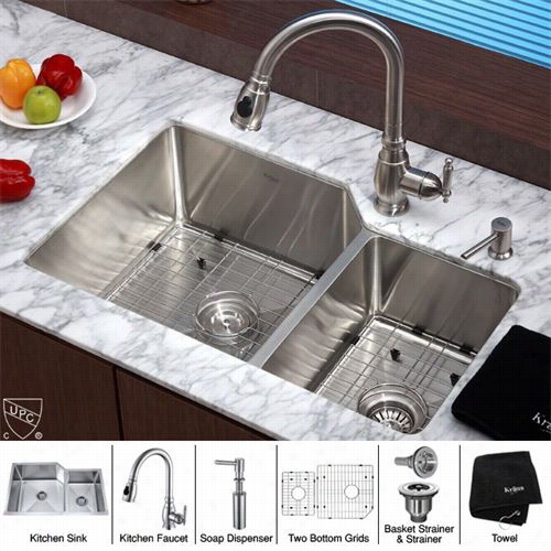 Kraus Khu123-32-kpf2150-sd20 3 2"" Undermoun Double Bowl St Ainlses Ste El Sink With Kpf2150 Ffaucet