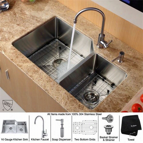 Kraus Khu123-32-kpf2160-sd20 32"" Undermount Double Bowl Srainless Steel Kitchen Sink With Kitchen Faucet And Soap Dispenser