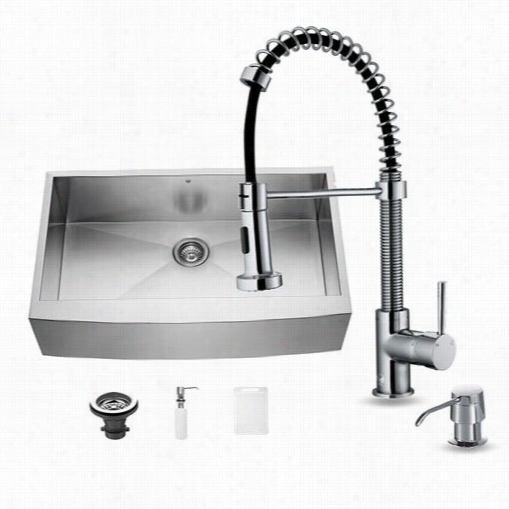 Vigo Vg15041 36""w Farmhouse Kitchen Sink, Faucet  And Dispenser In Stainless Steel With 18-1/2""h Spout