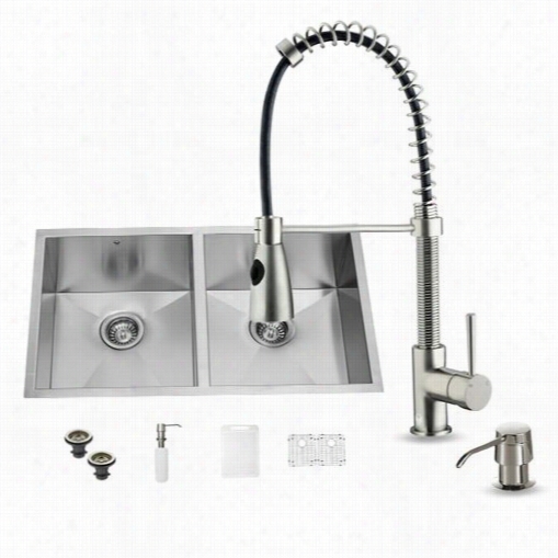 Vigo Vg15155 All In One 32"" Undermount Staimless Steel Double Bowl Kitchen Sink And Faucet Set