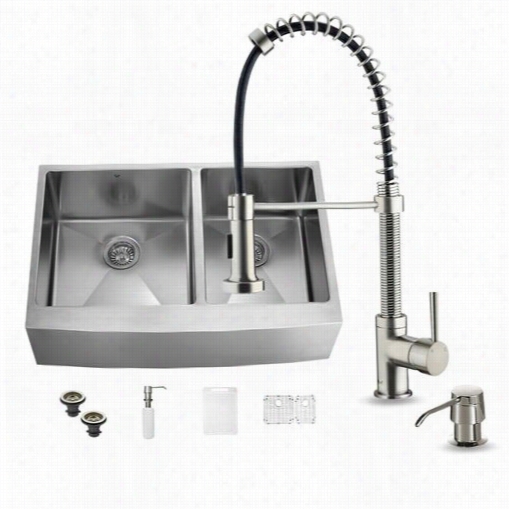 Vigo Vg15264 All In One 36"" Stainless Stdel Double Bow Kitchen Sink And Vg02001 Stainless Steel Faucet Set