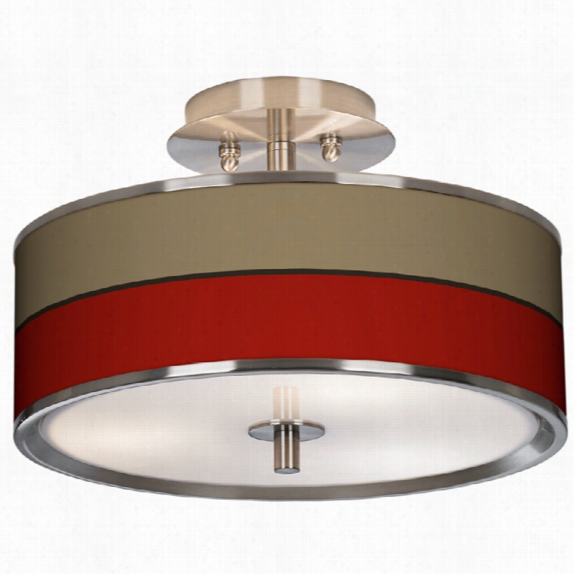 Contemporary Brushed Steel Empire Red Drum Shhade Semi-flush Ceiling Lighht