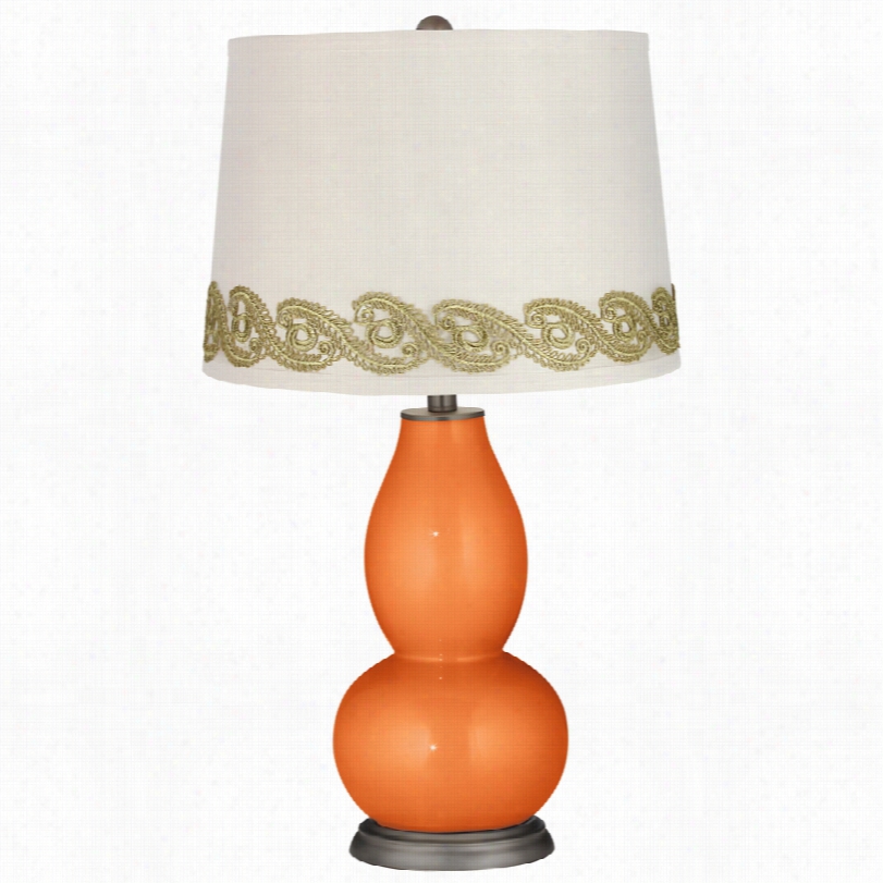 Contemporary Burnt Orange Metallic Double Gourd Lamp With Vine Lace Trim