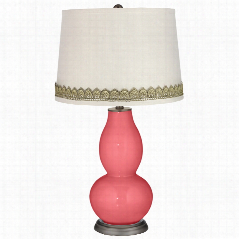Contemporary Rose Double Gourd Table Lamp With Scallop Lace Trim