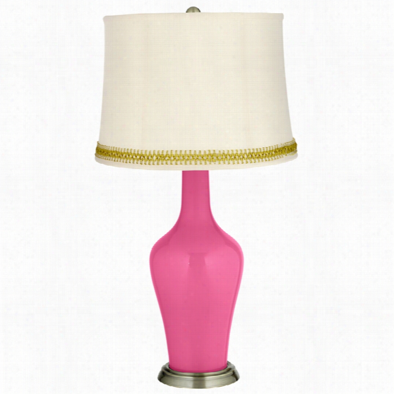 Transitional Blossom Pink Brass Anya Table Lamp With Open Weave Trim