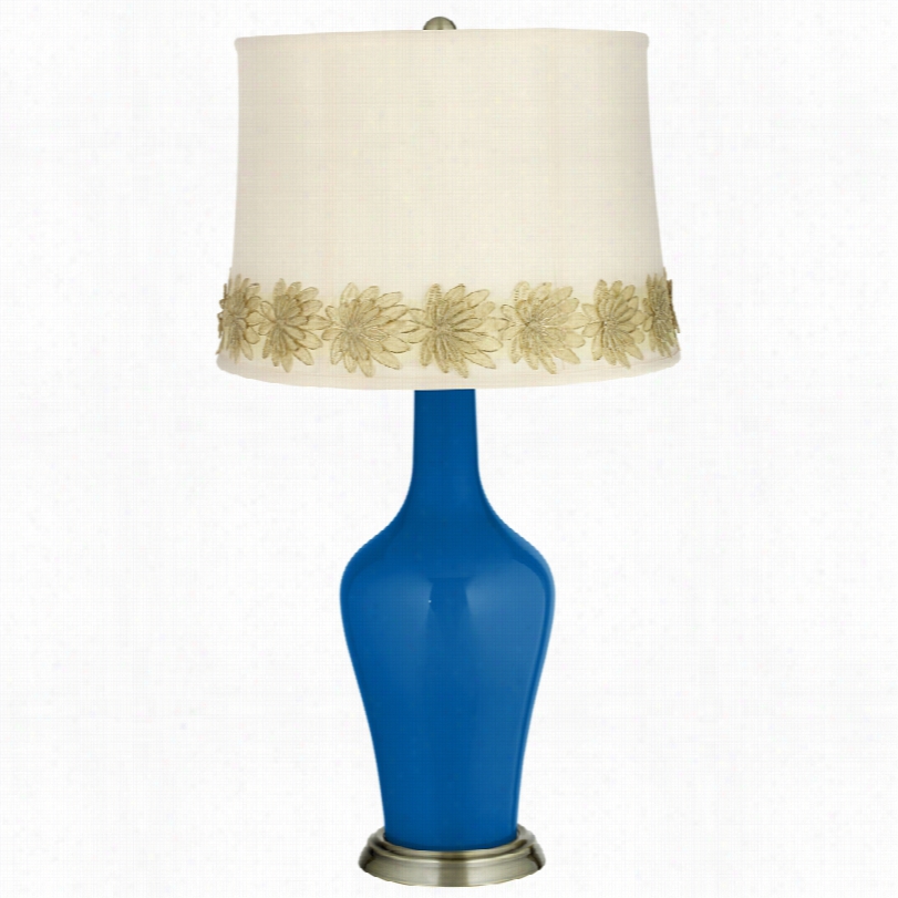 Transitional Hyper B Lue Brass Anya Table Lamp With Flower Applique Trim