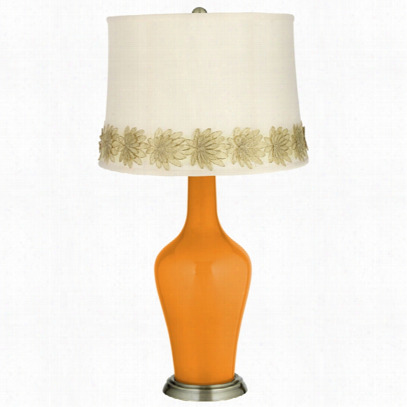 Transitional Kids Stuff Oragne Brass Table Lamp With Flower Applique Trim