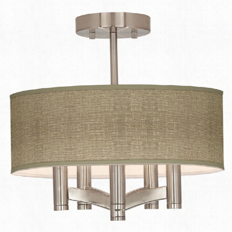 Contemporary Ava Nickel With Burlap Prrint Drum Shsade Ceiling Light