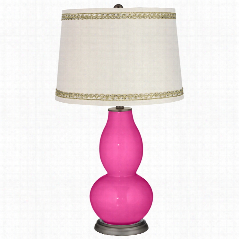 Contemporary Fuchsia Double Gourd Table Lamp With Rhinestone Lace Trim