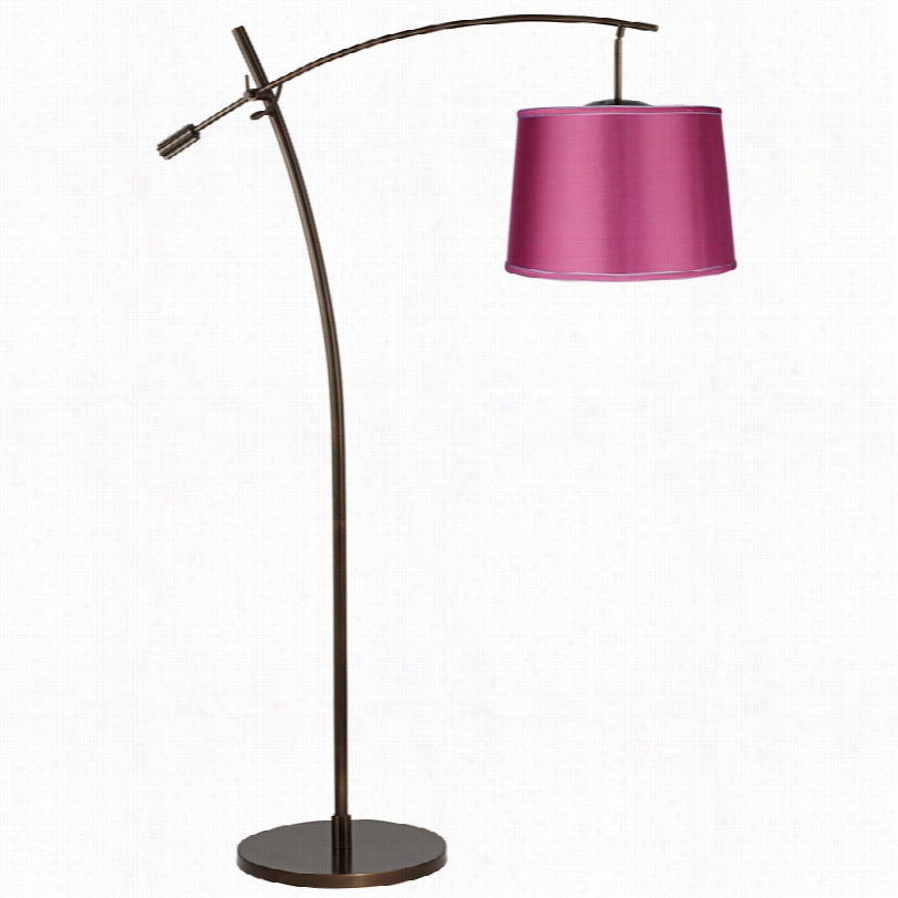 Contemporary Tara Pink Satin Drum Shade Broonze Balance Arm Arc Floor Lamp