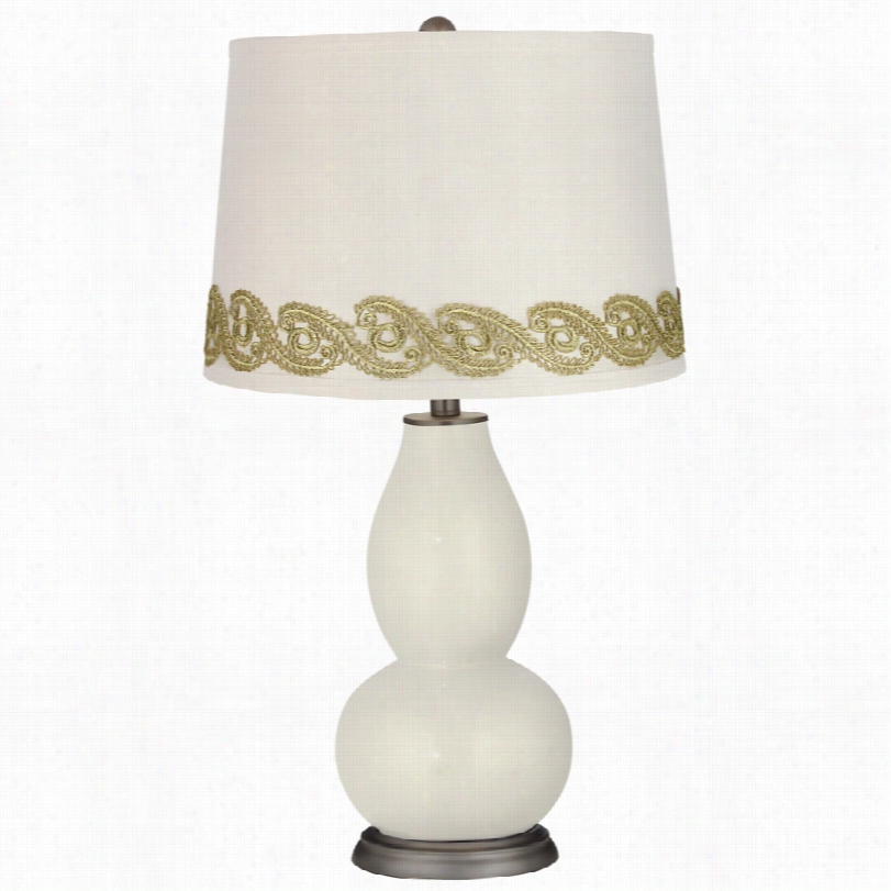 Contemporary Vanilla Metallic Double Gourd Table Lamp With Vine Lace Trim