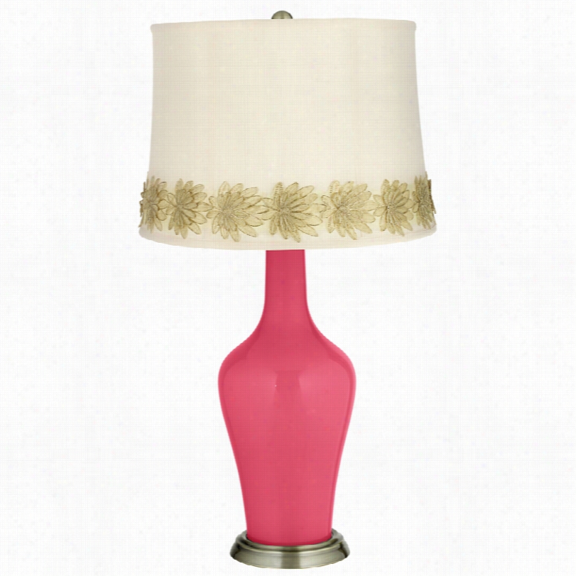 Tranistional Eros Pink Anya With Flowef Applique Trim Table Lamp