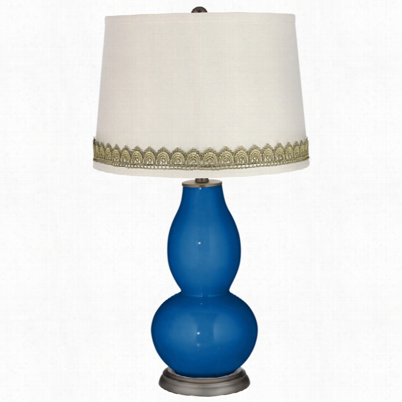 Contemporary Hyper Blue Double Gourd Table Lamp With Scallop Lace Trim