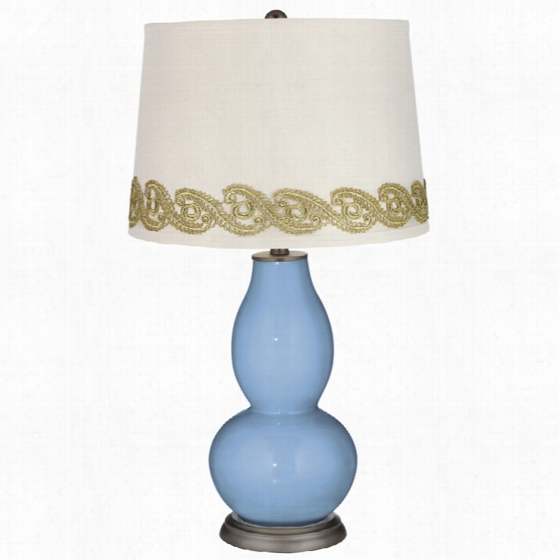 Contemporary Pac1d Blue Double Gourd Table Lamp With Vine Lace Trim