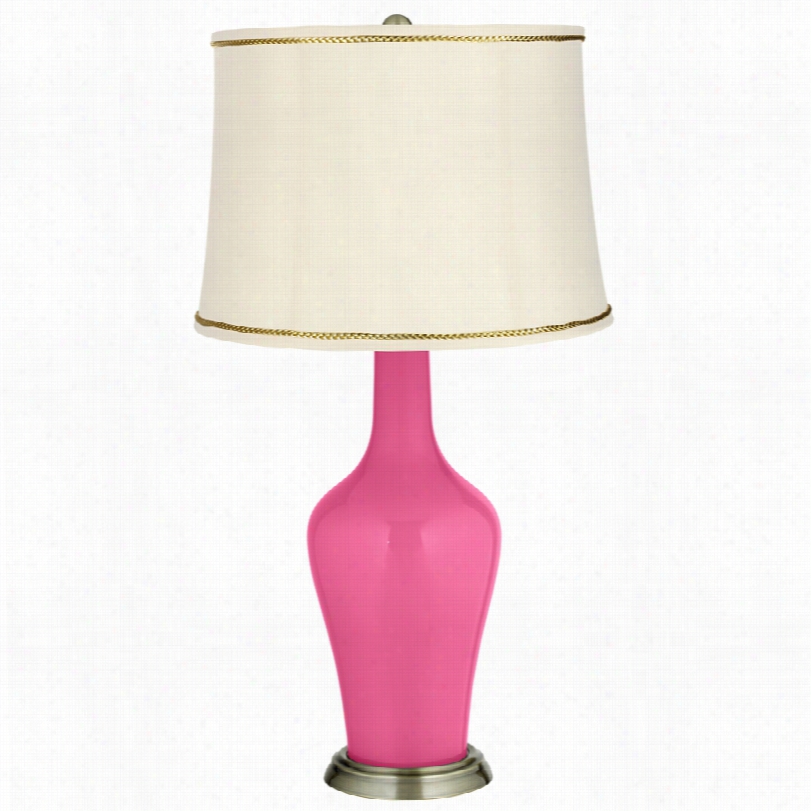 Transitional Blossom Pink Brass Table Lamp With President's Braid Trim