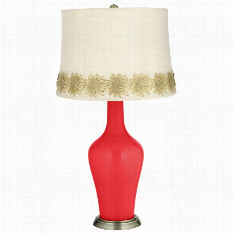 Transitional Poppy Red Brass Anya Table Lamp With Flower Applique Trim