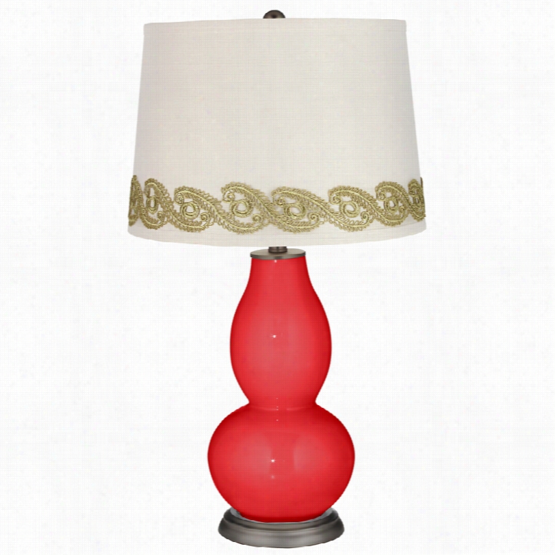 Contemporary Poppy Red Dojble Gourd Talbe Lamp  With Vine Lace Trim