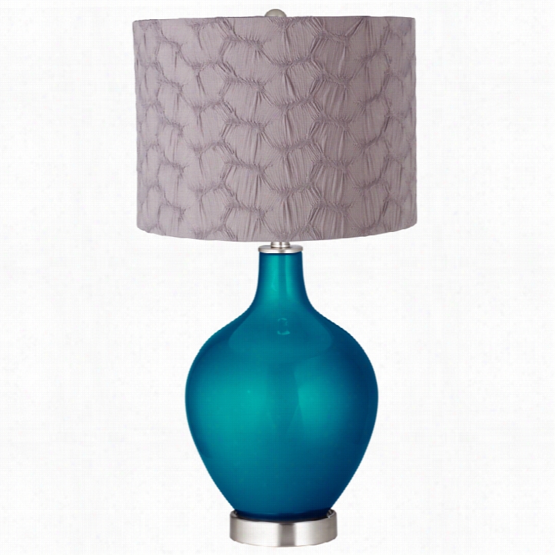 Contemporary Turquoise Meatllic Gray Pleated Drum Shade Ovo Tbale Lamp