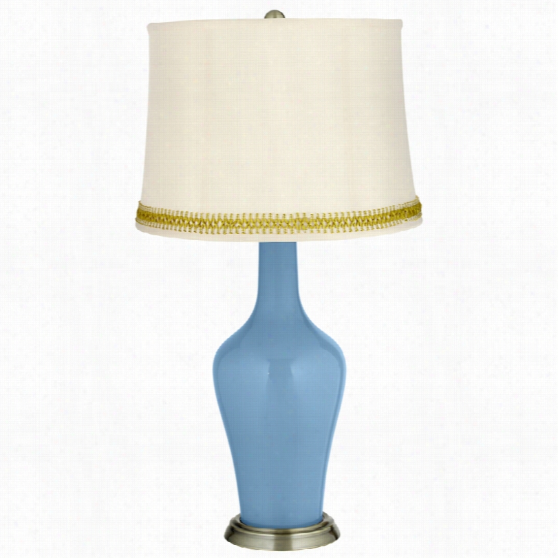 Transitional Dusk Blue Bass Anya Table Lamp With Open Weave Trim