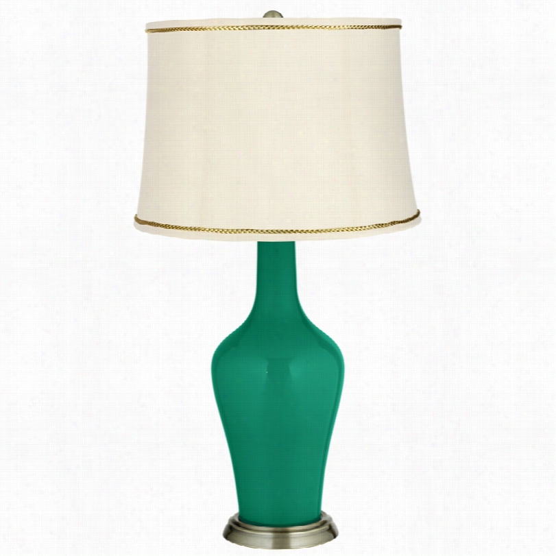 Transitional Emerald Brass Anya Ta6le Lamp With President's  Braid Trim